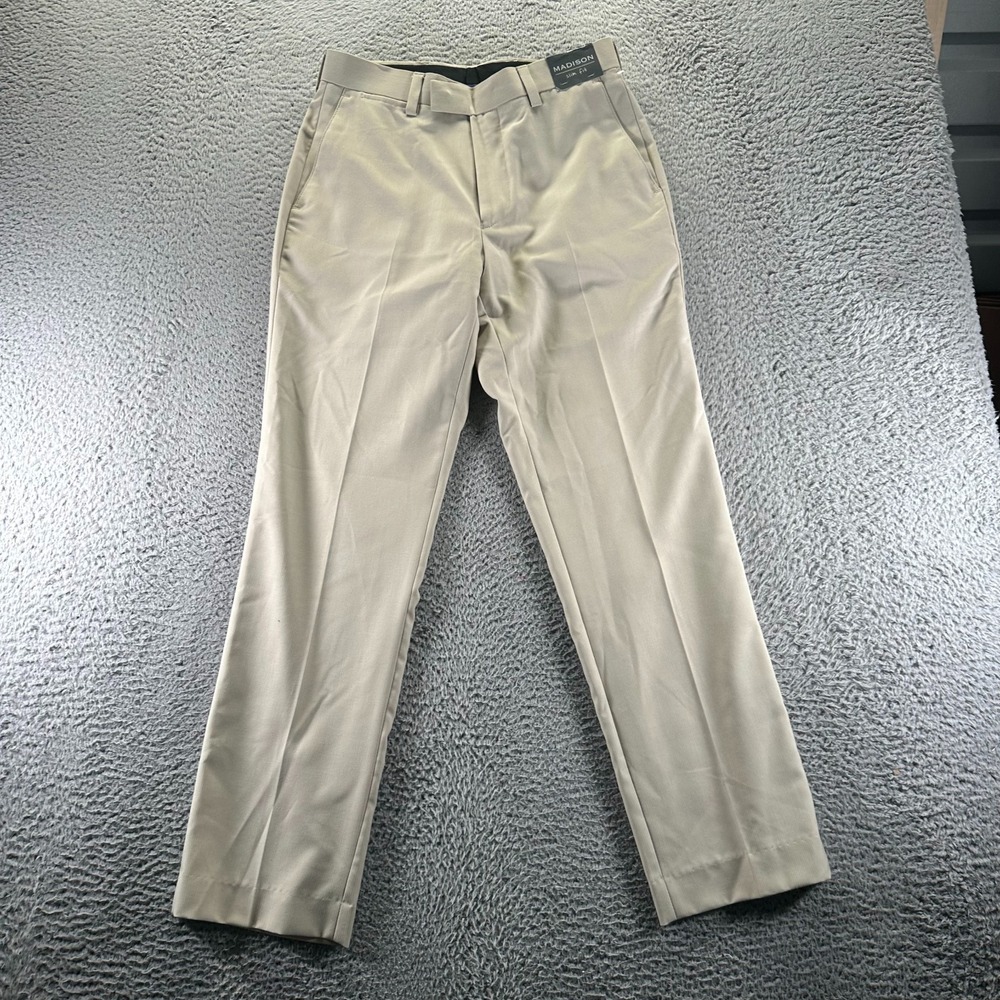 Madison Pant Mens 30x30 Beige Polyester Dress Straight Leg Slim Formal Business